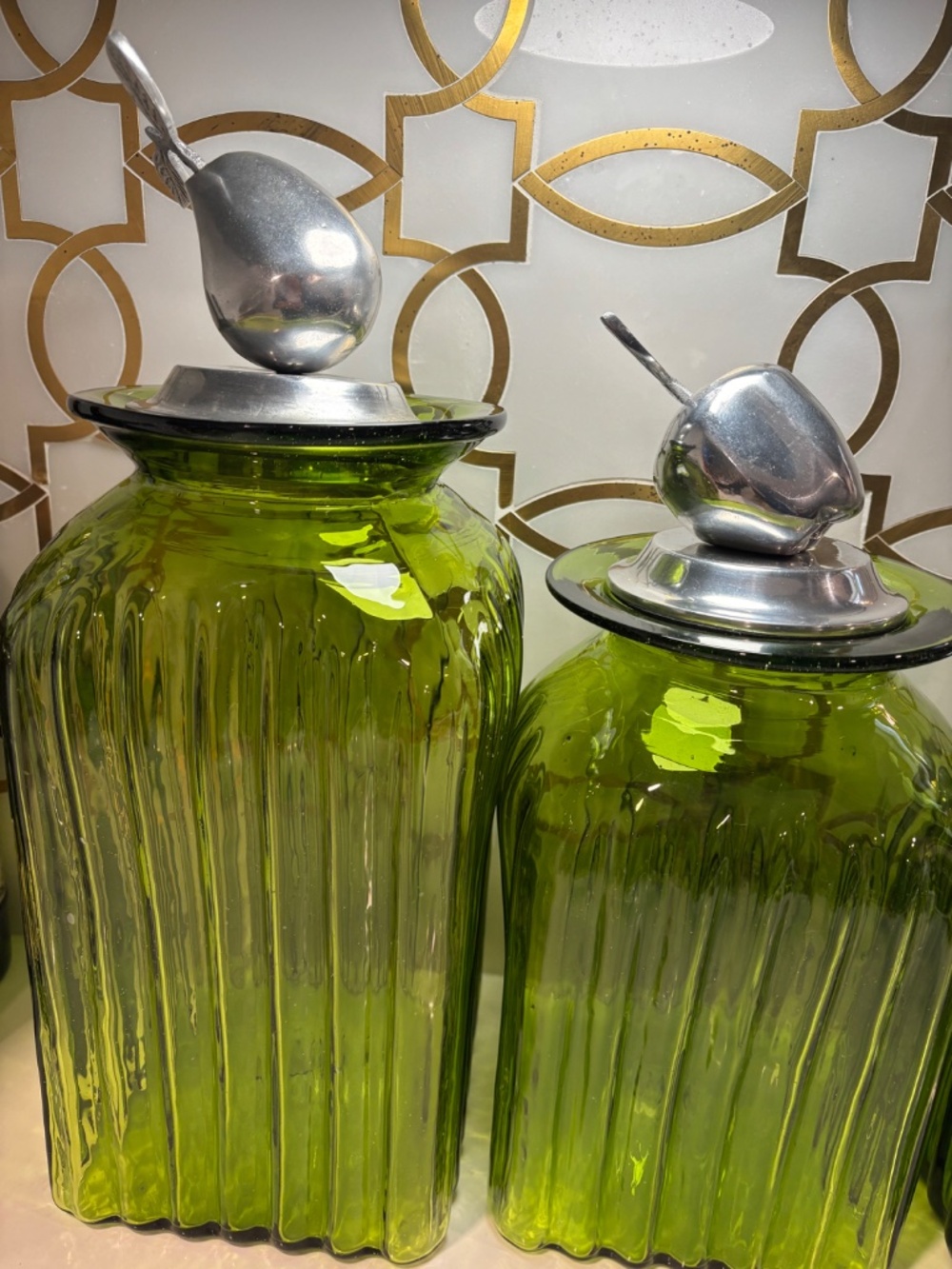 3 Vintage Hand Blown Glass Kitchen Canisters Jars Pewter Tops Fruit Apples Pear - Picture 6 of 15